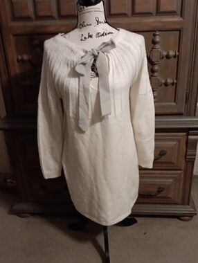 Blue Rain Cream Knit Sweater Dress with Bow Tie Neck